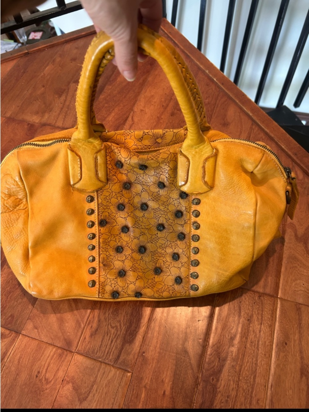 NEW COSTANZA ROTA Yellow Floral Rivets Leather Top Handle Crossbody Bag